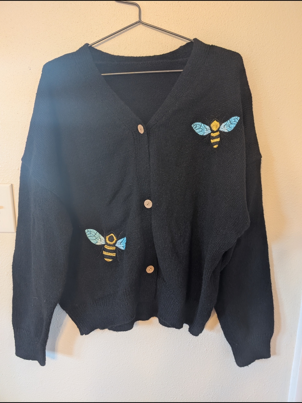 Black Bee Embroidered Button-Front Cardigan